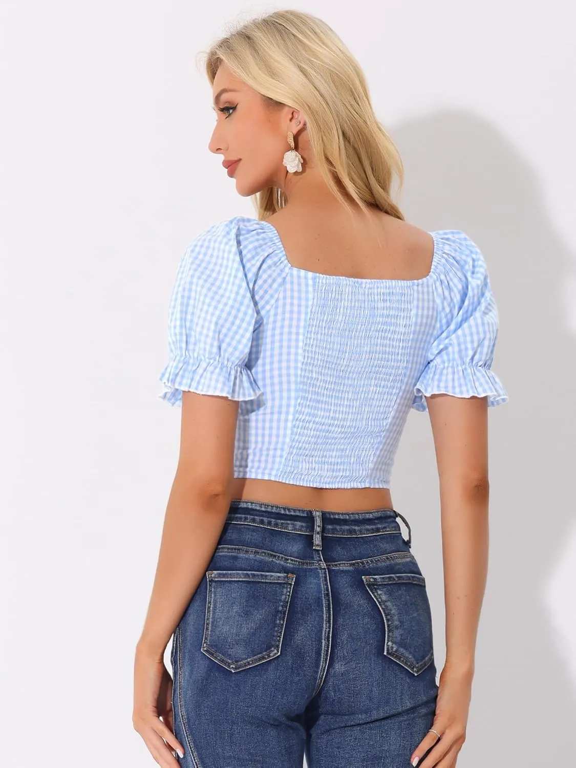 Allegra K Smocked Crop Top for Women's Bubble Sleeve Peasant Gingham Plaid Tops