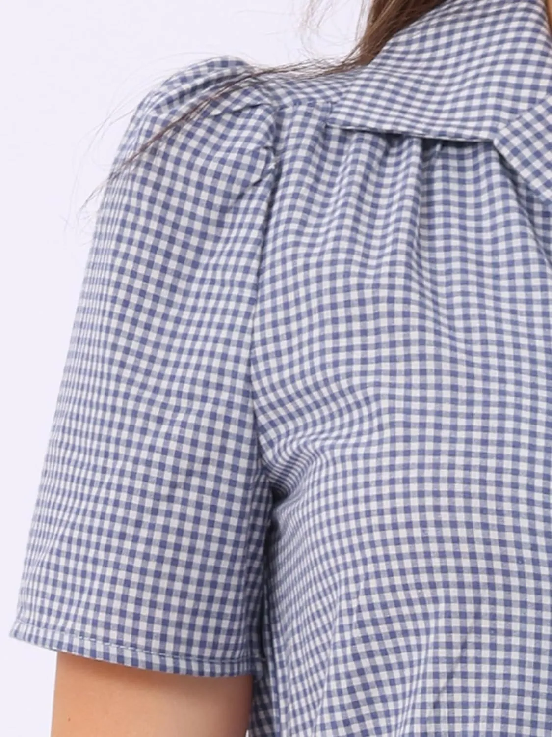 Allegra K Summer Gingham Blouse for Women's Short Sleeve Vintage Button Down Plaid Shirt Top
