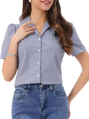 Allegra K Summer Gingham Blouse for Women's Short Sleeve Vintage Button Down Plaid Shirt Top
