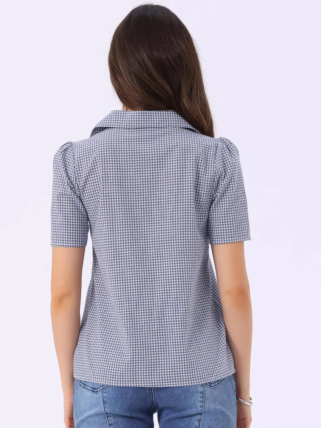 Allegra K Summer Gingham Blouse for Women's Short Sleeve Vintage Button Down Plaid Shirt Top