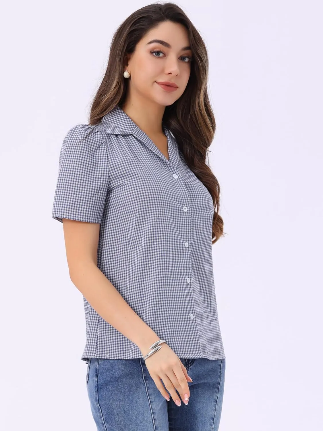 Allegra K Summer Gingham Blouse for Women's Short Sleeve Vintage Button Down Plaid Shirt Top