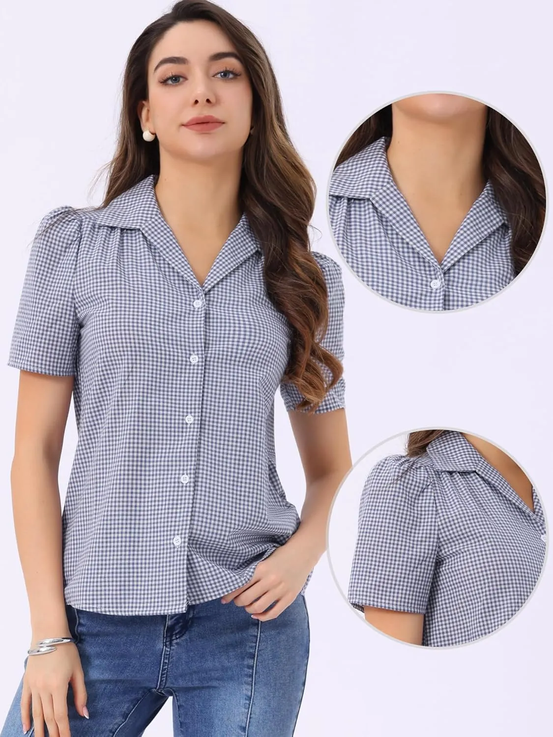 Allegra K Summer Gingham Blouse for Women's Short Sleeve Vintage Button Down Plaid Shirt Top