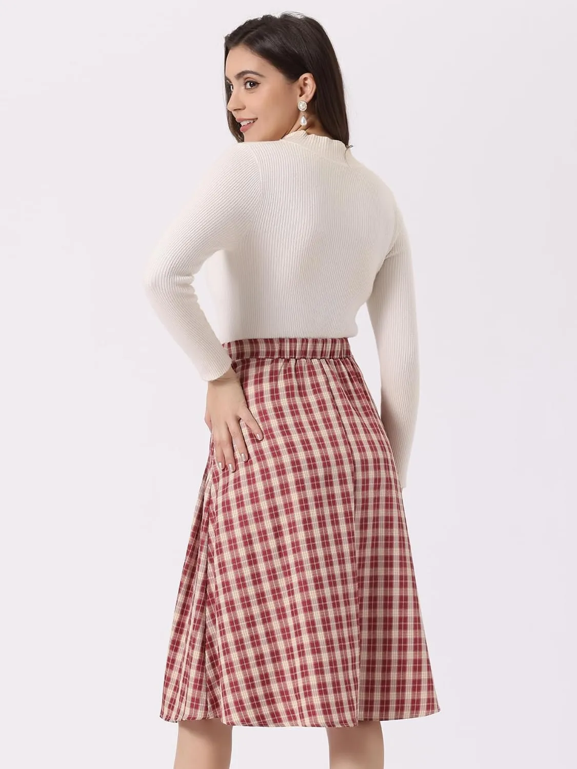 Allegra K Vintage Plaid Skirts for Women's High Waist Pleated A-Line Midi Skirt