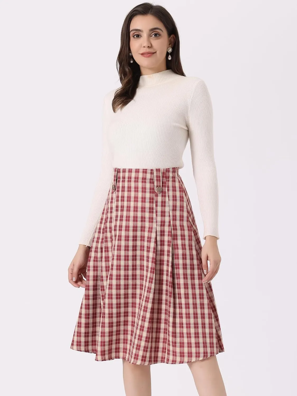 Allegra K Vintage Plaid Skirts for Women's High Waist Pleated A-Line Midi Skirt