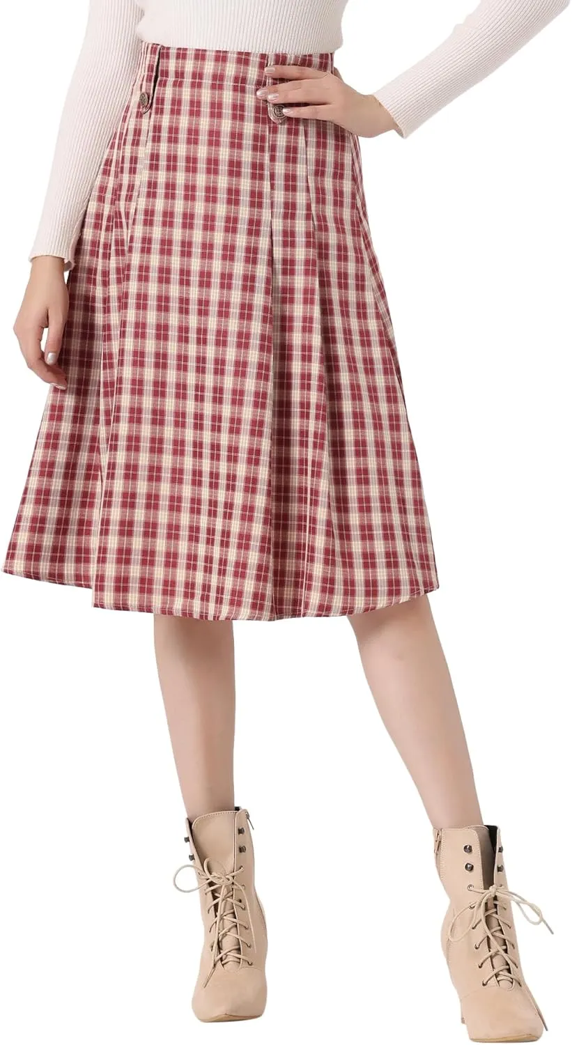 Allegra K Vintage Plaid Skirts for Women's High Waist Pleated A-Line Midi Skirt