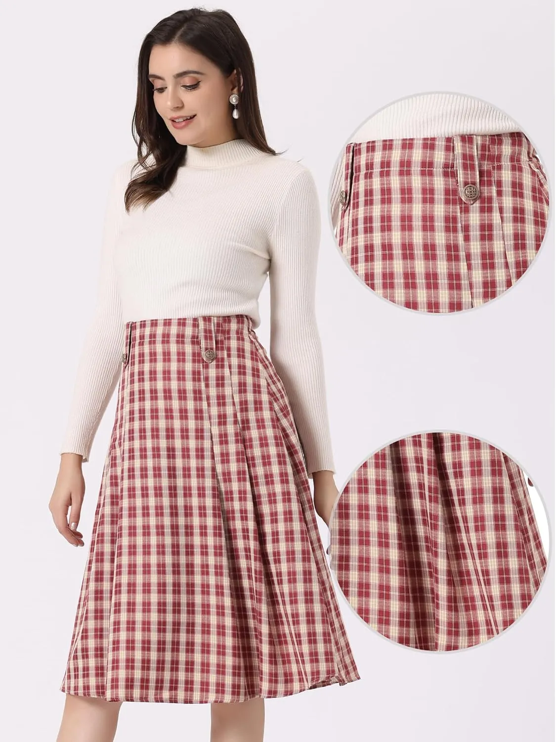 Allegra K Vintage Plaid Skirts for Women's High Waist Pleated A-Line Midi Skirt