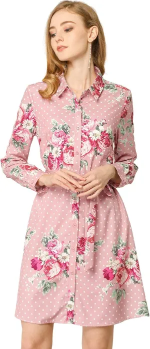 Allegra K Women's Button Down Vintage Polka Dots Dresses Collar Tie Belted Shirt Dress