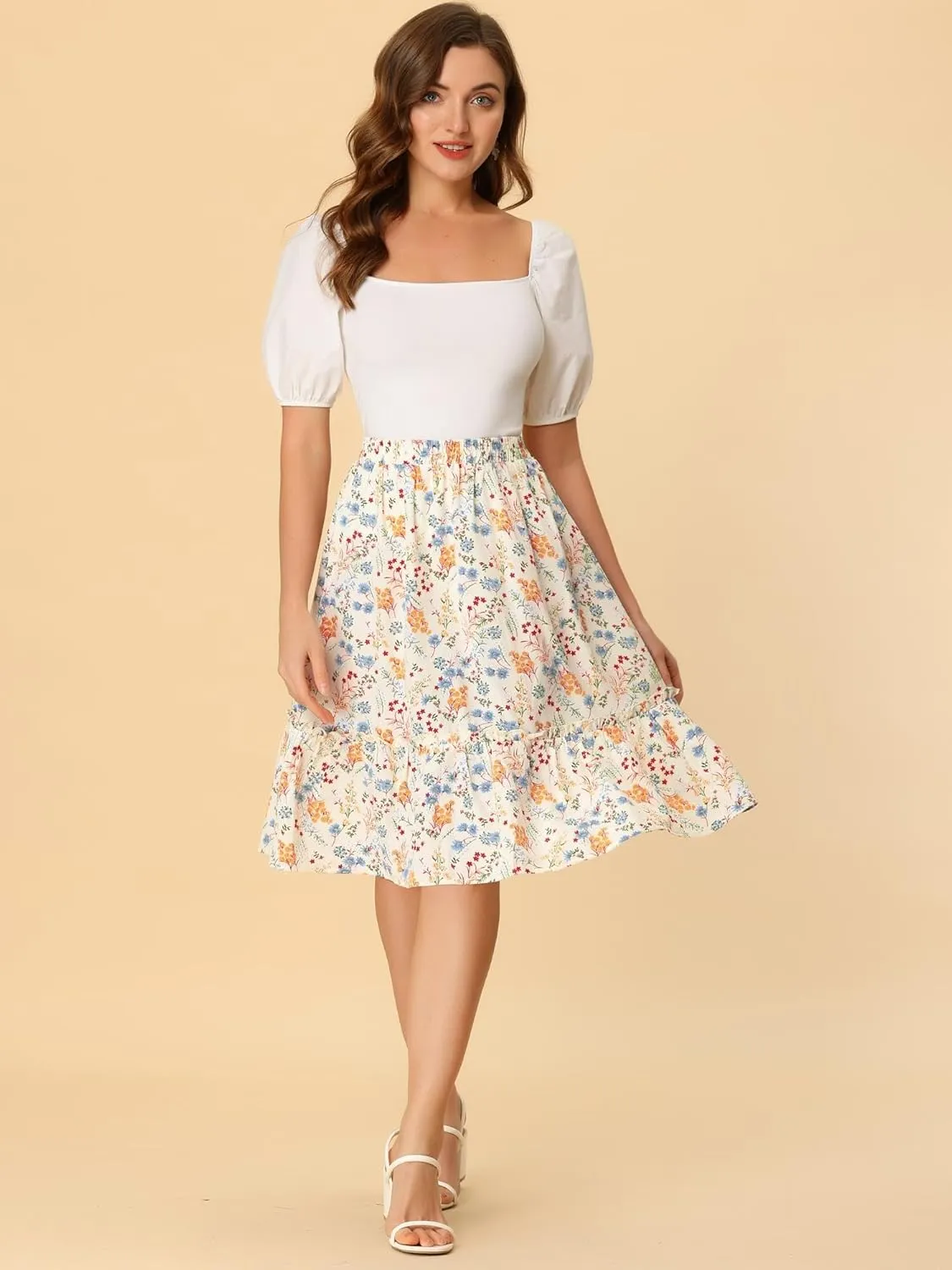 Allegra K Women's Knee Length Skirt Floral Elastic Waist Flowy Tiered A-Line Ruffle Skirt
