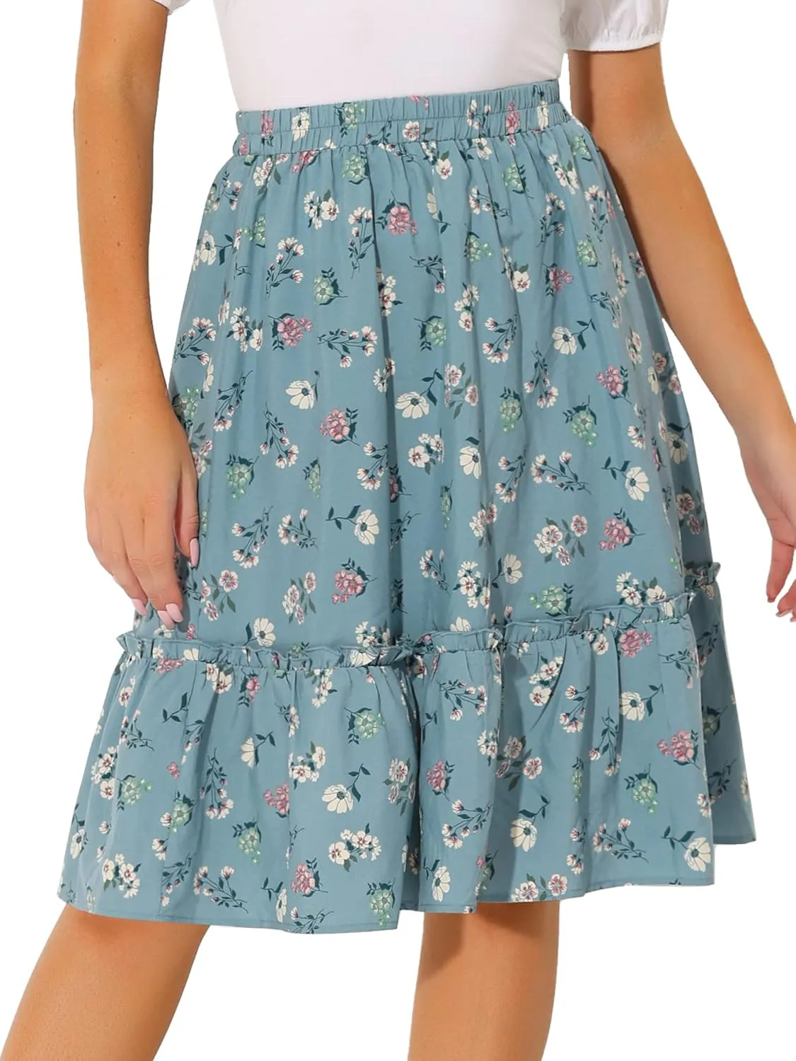 Allegra K Women's Knee Length Skirt Floral Elastic Waist Flowy Tiered A-Line Ruffle Skirt