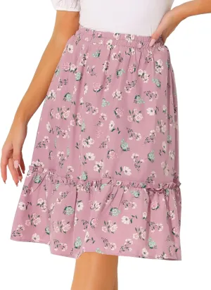 Allegra K Women's Knee Length Skirt Floral Elastic Waist Flowy Tiered A-Line Ruffle Skirt
