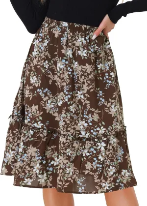 Allegra K Women's Knee Length Skirt Floral Elastic Waist Flowy Tiered A-Line Ruffle Skirt
