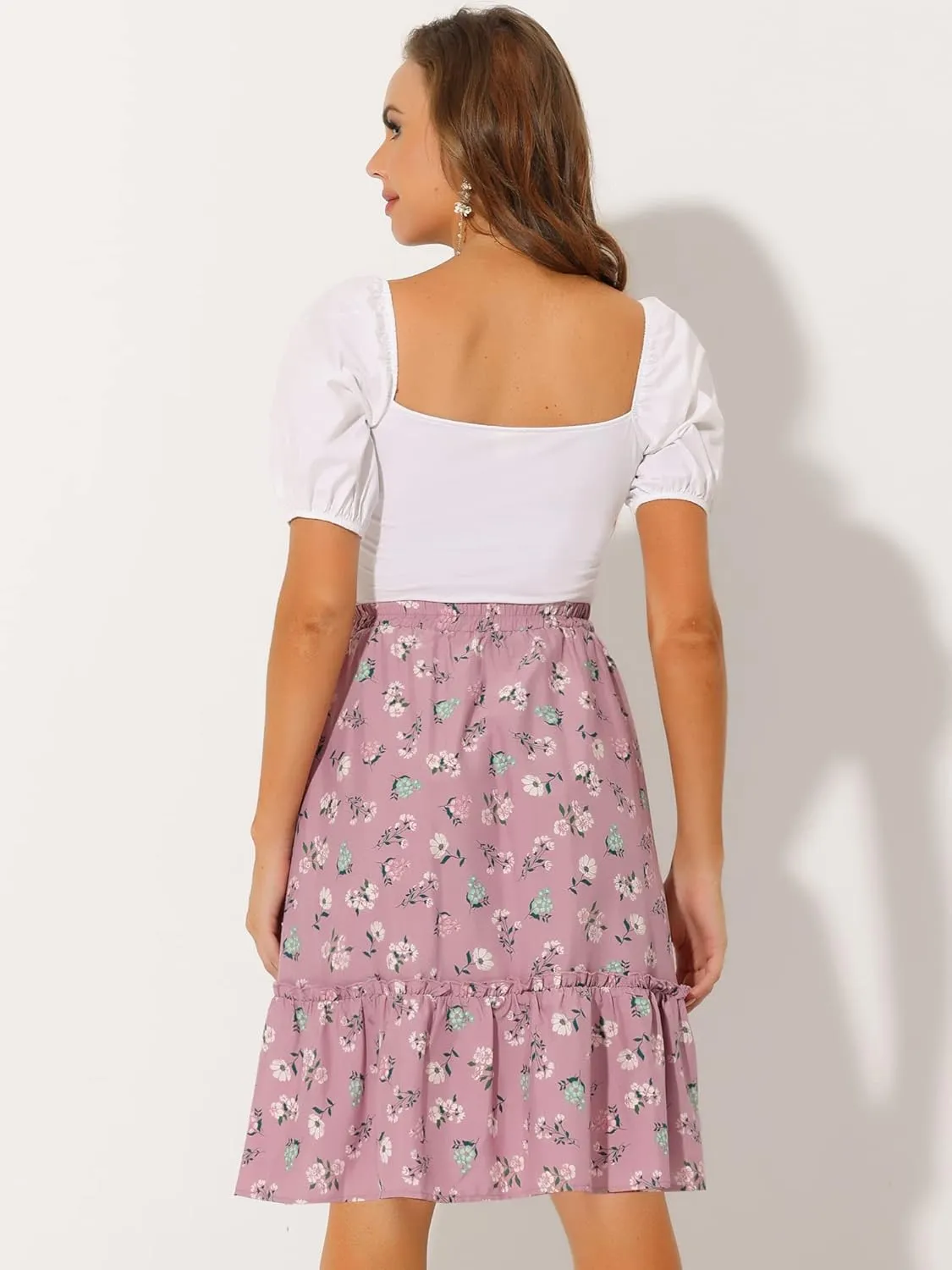 Allegra K Women's Knee Length Skirt Floral Elastic Waist Flowy Tiered A-Line Ruffle Skirt