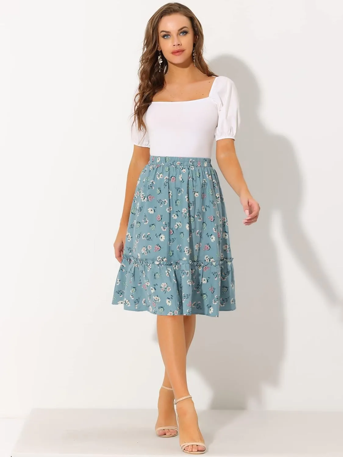 Allegra K Women's Knee Length Skirt Floral Elastic Waist Flowy Tiered A-Line Ruffle Skirt