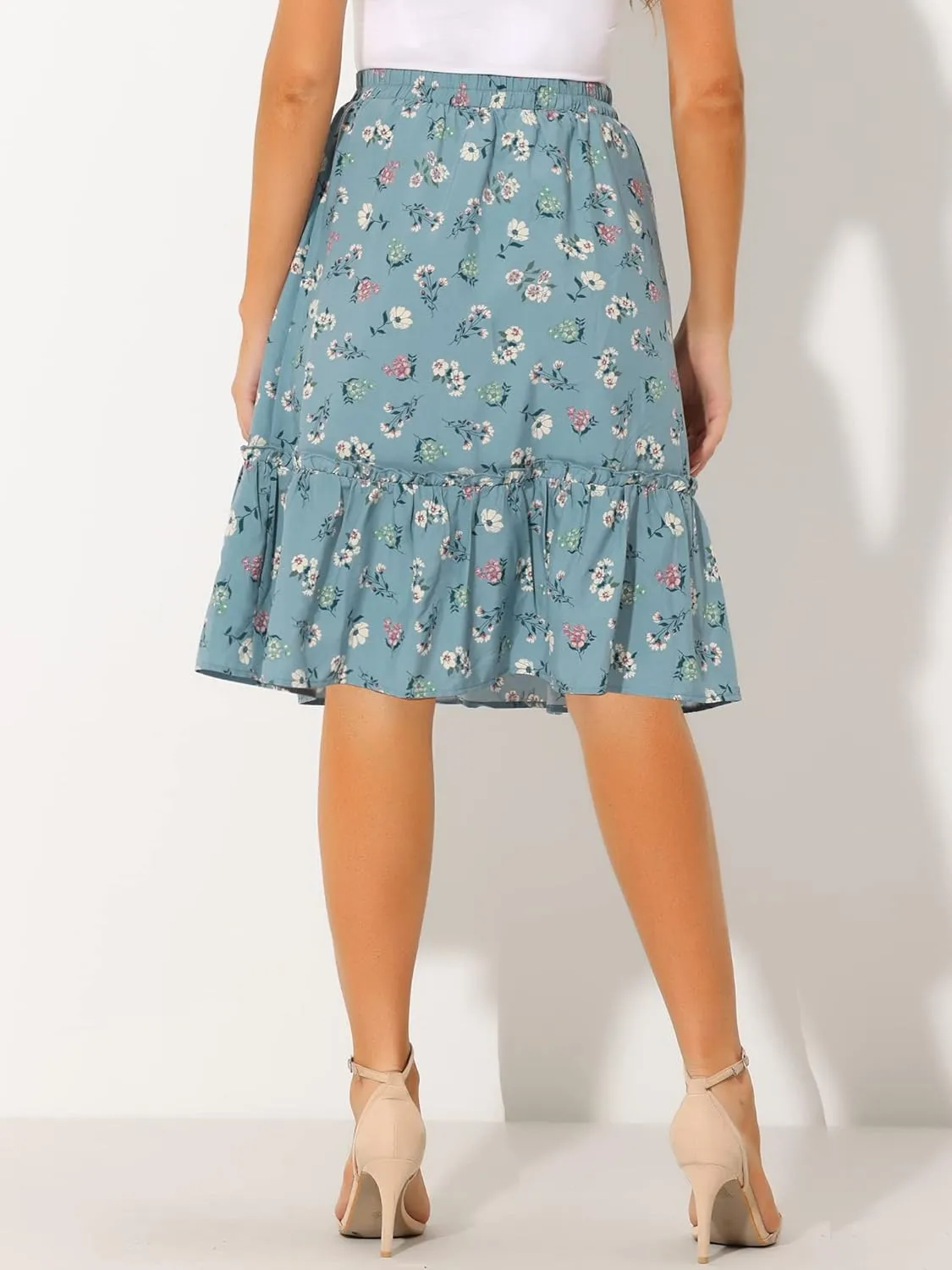 Allegra K Women's Knee Length Skirt Floral Elastic Waist Flowy Tiered A-Line Ruffle Skirt