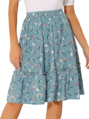 Allegra K Women's Knee Length Skirt Floral Elastic Waist Flowy Tiered A-Line Ruffle Skirt
