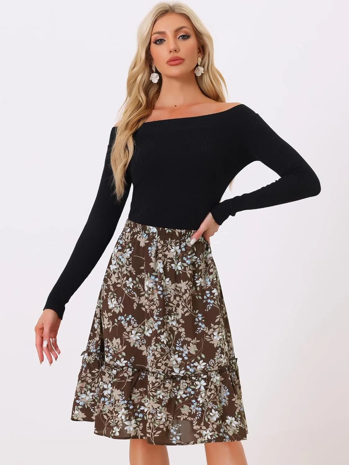 Allegra K Women's Knee Length Skirt Floral Elastic Waist Flowy Tiered A-Line Ruffle Skirt