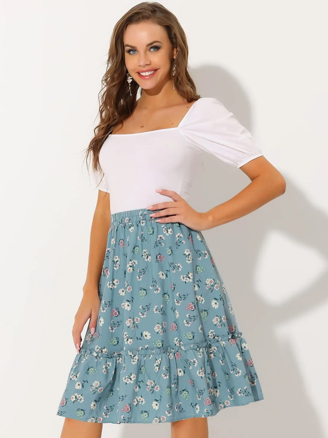 Allegra K Women's Knee Length Skirt Floral Elastic Waist Flowy Tiered A-Line Ruffle Skirt