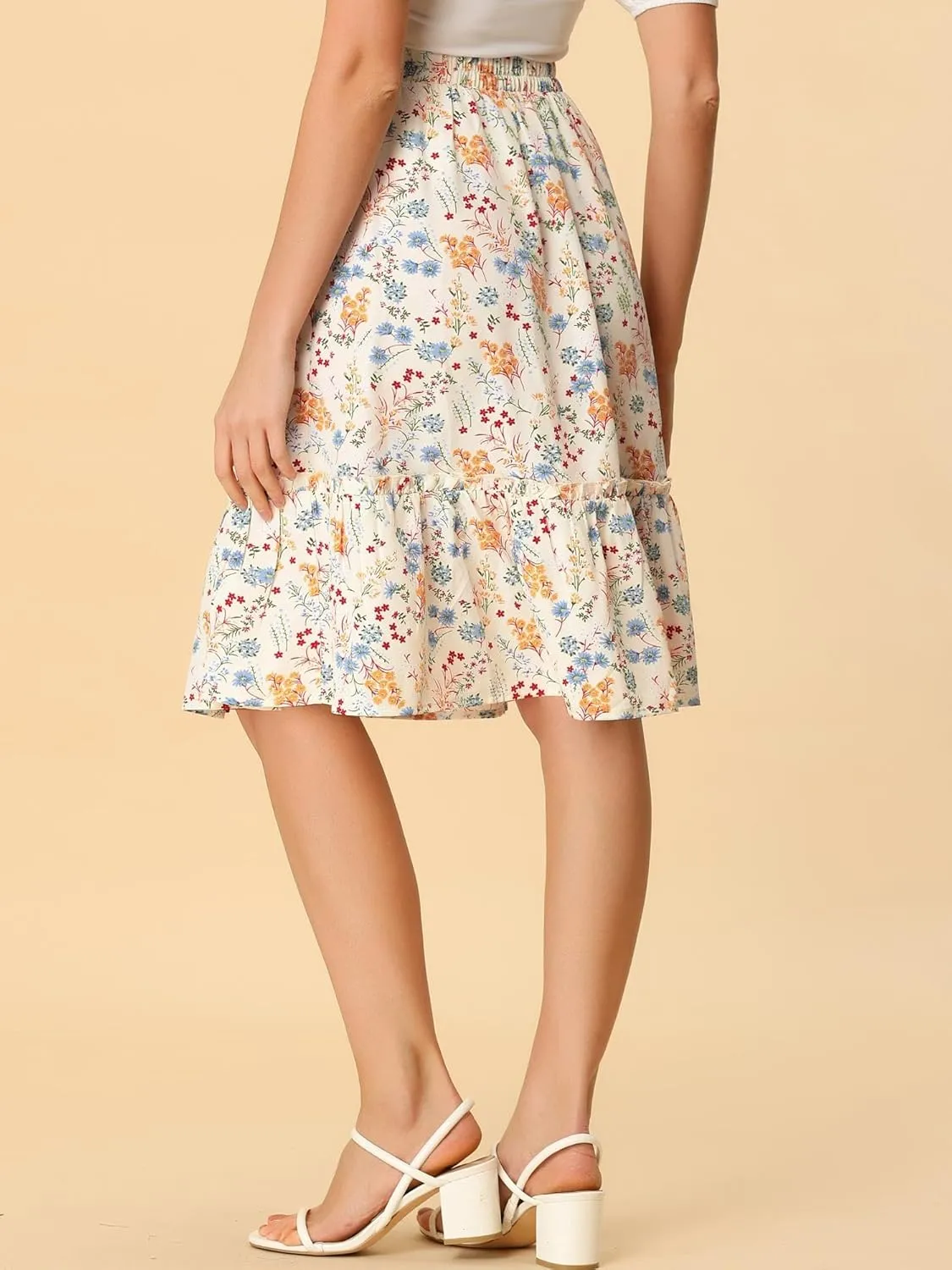 Allegra K Women's Knee Length Skirt Floral Elastic Waist Flowy Tiered A-Line Ruffle Skirt