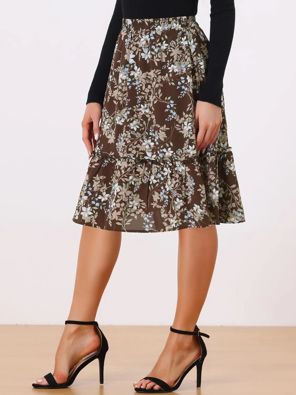 Allegra K Women's Knee Length Skirt Floral Elastic Waist Flowy Tiered A-Line Ruffle Skirt
