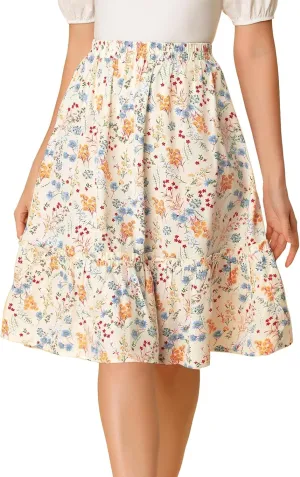 Allegra K Women's Knee Length Skirt Floral Elastic Waist Flowy Tiered A-Line Ruffle Skirt