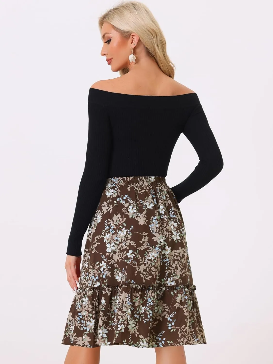Allegra K Women's Knee Length Skirt Floral Elastic Waist Flowy Tiered A-Line Ruffle Skirt
