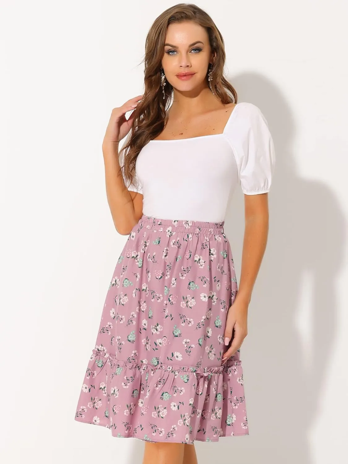 Allegra K Women's Knee Length Skirt Floral Elastic Waist Flowy Tiered A-Line Ruffle Skirt