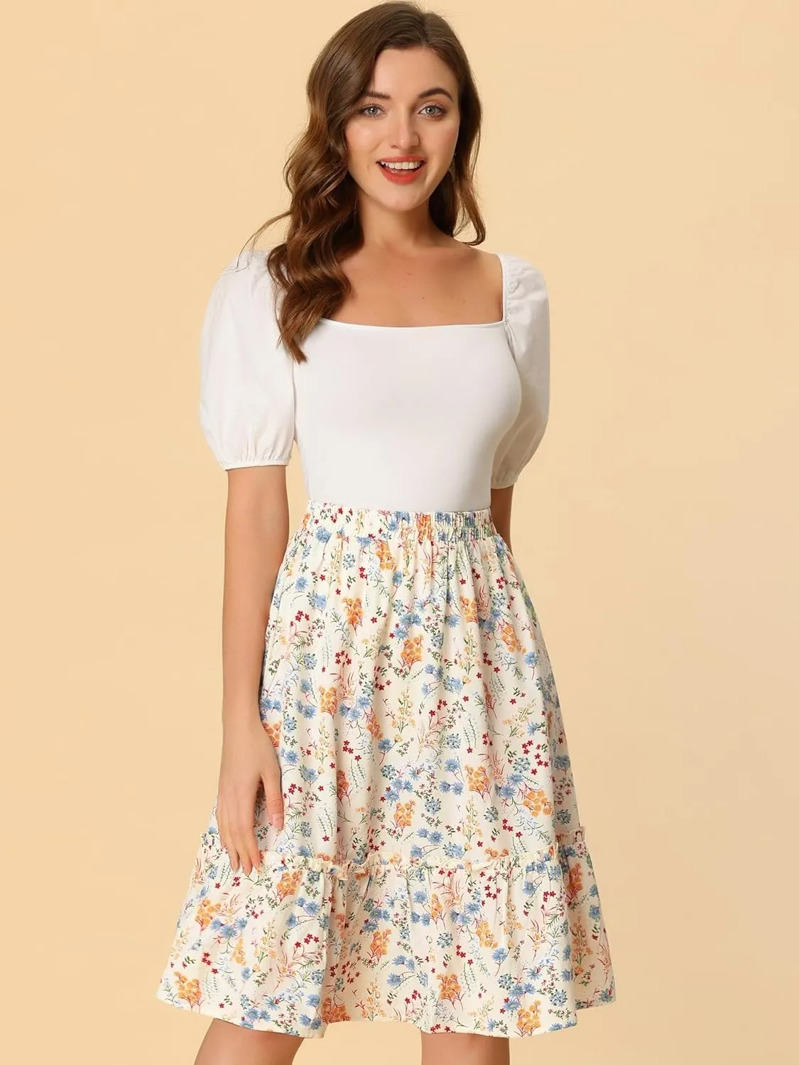 Allegra K Women's Knee Length Skirt Floral Elastic Waist Flowy Tiered A-Line Ruffle Skirt