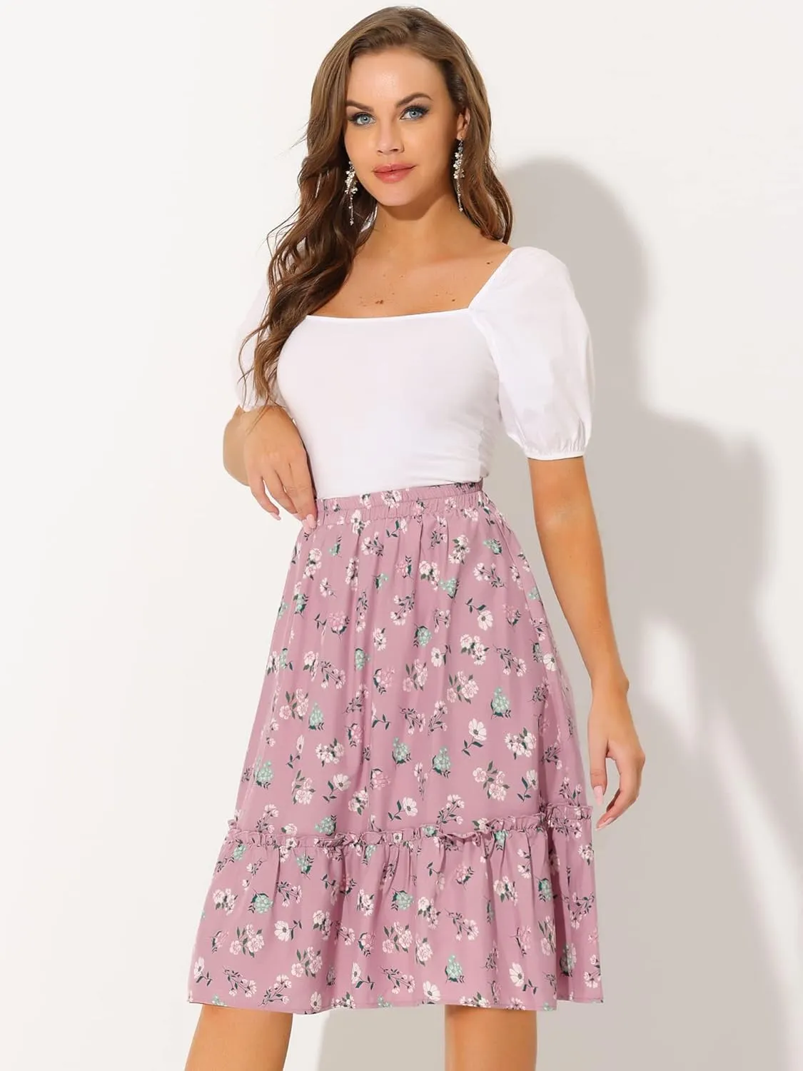 Allegra K Women's Knee Length Skirt Floral Elastic Waist Flowy Tiered A-Line Ruffle Skirt
