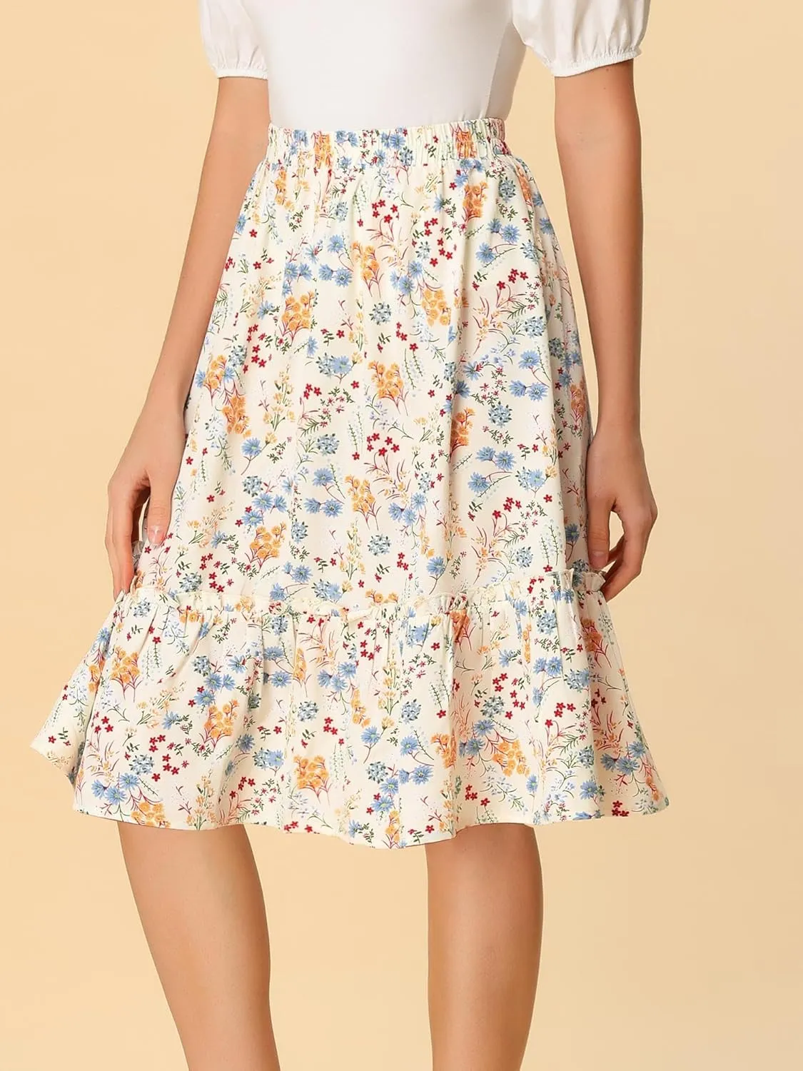 Allegra K Women's Knee Length Skirt Floral Elastic Waist Flowy Tiered A-Line Ruffle Skirt