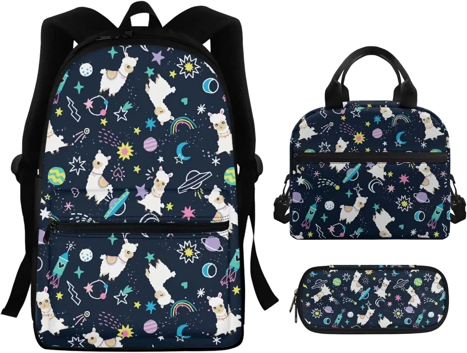Alpaca Backpack with Lunch Bag for Girls Teens 5th to 7th Grade Leakproof Backpack Lunch Bag for Kids Fashion Shoulder Bag Pencil Case for Secondary Schools