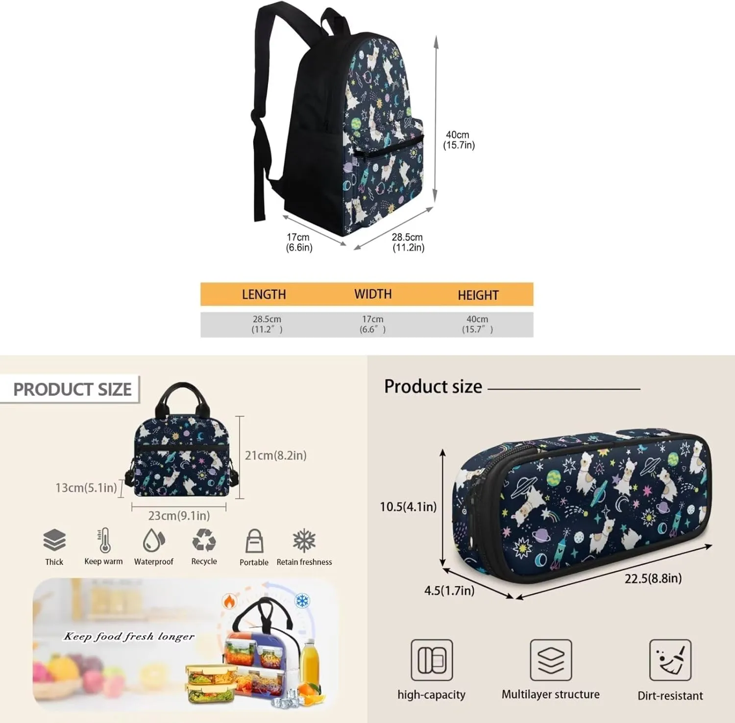 Alpaca Backpack with Lunch Bag for Girls Teens 5th to 7th Grade Leakproof Backpack Lunch Bag for Kids Fashion Shoulder Bag Pencil Case for Secondary Schools