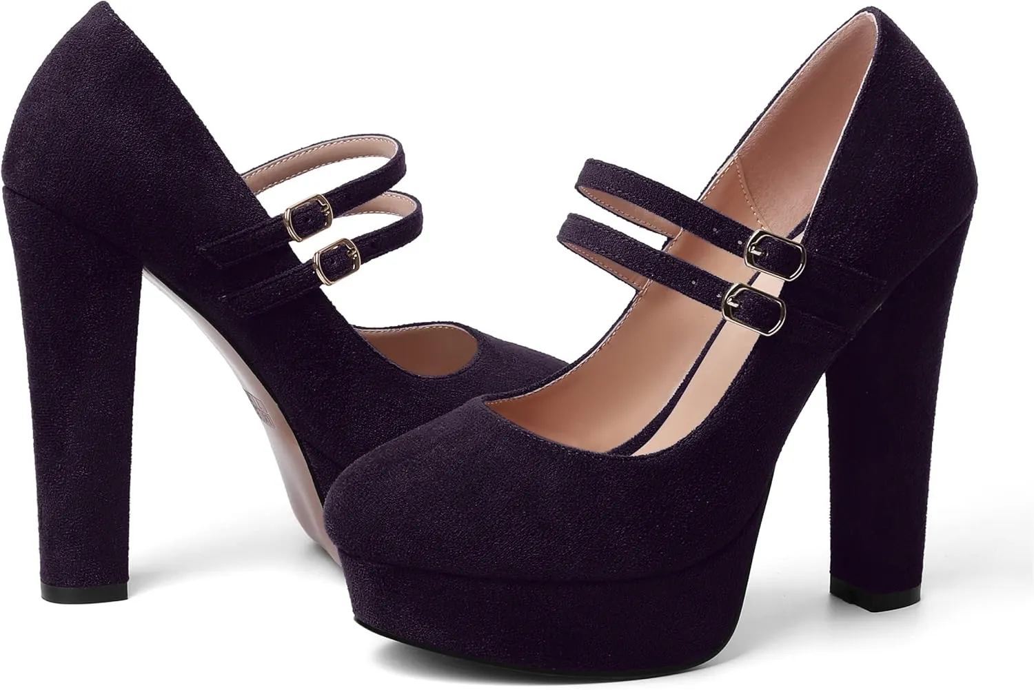 AMBELIGHT Womens Round Toe Mary Janes Evening Ankle Strap Suede Dress Buckle Platform Block High Heel Pumps Shoes 5 Inch