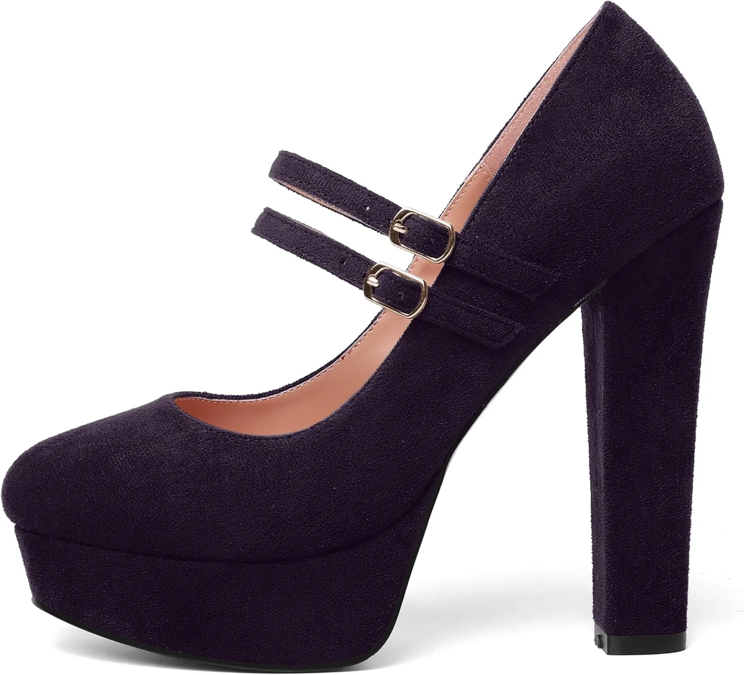 AMBELIGHT Womens Round Toe Mary Janes Evening Ankle Strap Suede Dress Buckle Platform Block High Heel Pumps Shoes 5 Inch