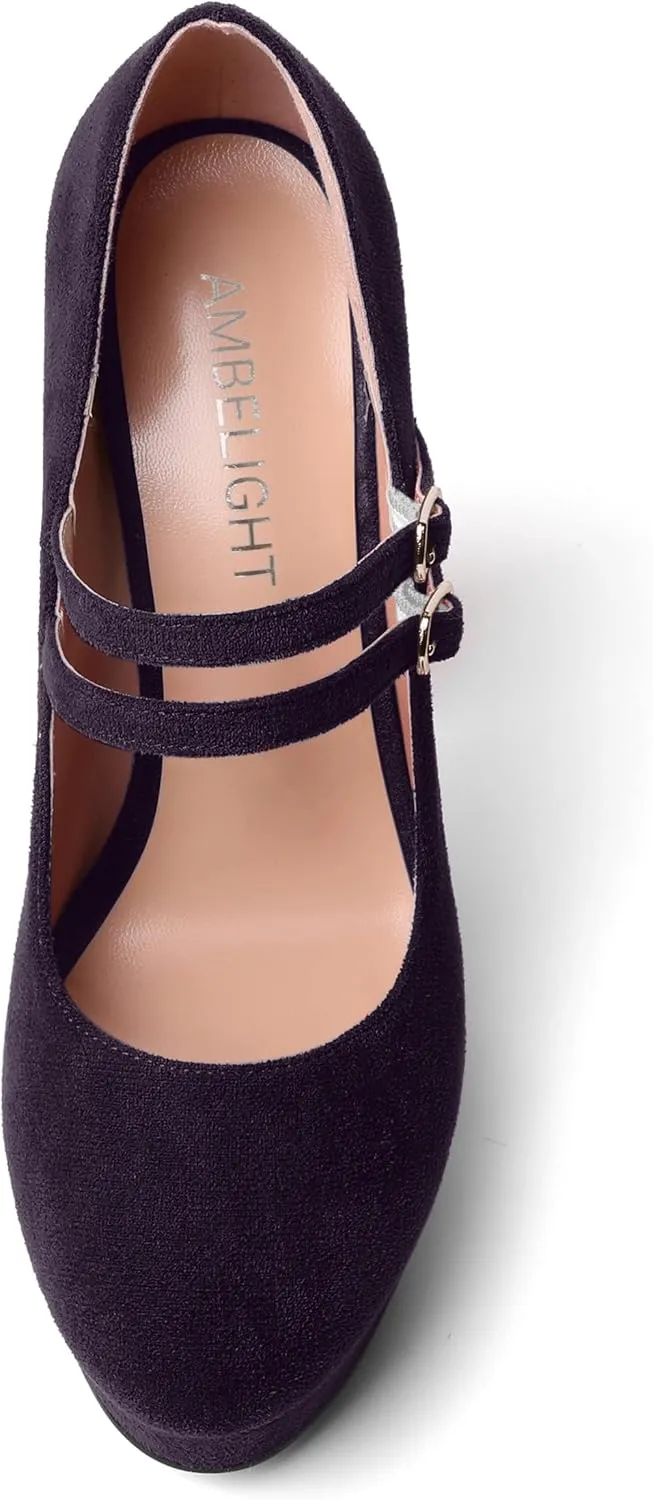 AMBELIGHT Womens Round Toe Mary Janes Evening Ankle Strap Suede Dress Buckle Platform Block High Heel Pumps Shoes 5 Inch