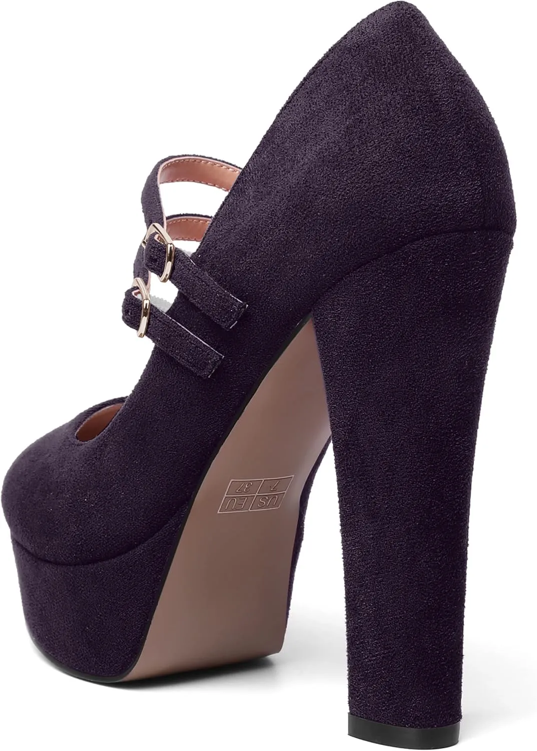 AMBELIGHT Womens Round Toe Mary Janes Evening Ankle Strap Suede Dress Buckle Platform Block High Heel Pumps Shoes 5 Inch
