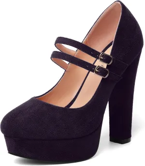 AMBELIGHT Womens Round Toe Mary Janes Evening Ankle Strap Suede Dress Buckle Platform Block High Heel Pumps Shoes 5 Inch
