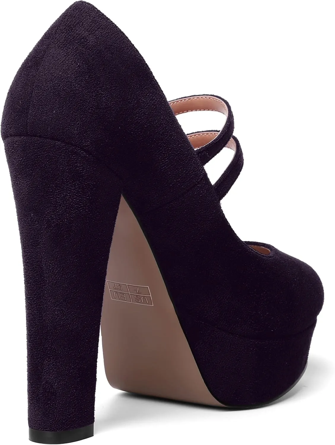 AMBELIGHT Womens Round Toe Mary Janes Evening Ankle Strap Suede Dress Buckle Platform Block High Heel Pumps Shoes 5 Inch