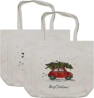 Ambesonne Christmas Shopping Bag Pack of 2, Retro Style Car Xmas Tree Vintage Family Style Illustration Snowy Winter Art, Reusable Tote Bags for Grocery Beach and More, 15.5" X 14.5", Green Vermilion