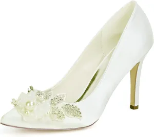 Anna's Bridal Pearl Satin White Wedding Shoes for Bride High Heels Pointed Toe Crystal Evening Prom Party Pumps Heels