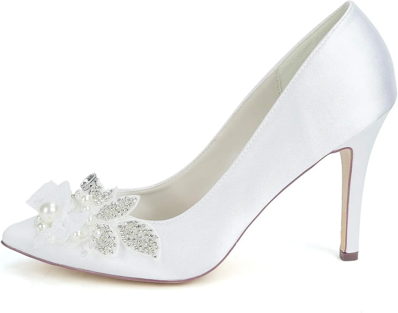 Anna's Bridal Pearl Satin White Wedding Shoes for Bride High Heels Pointed Toe Crystal Evening Prom Party Pumps Heels