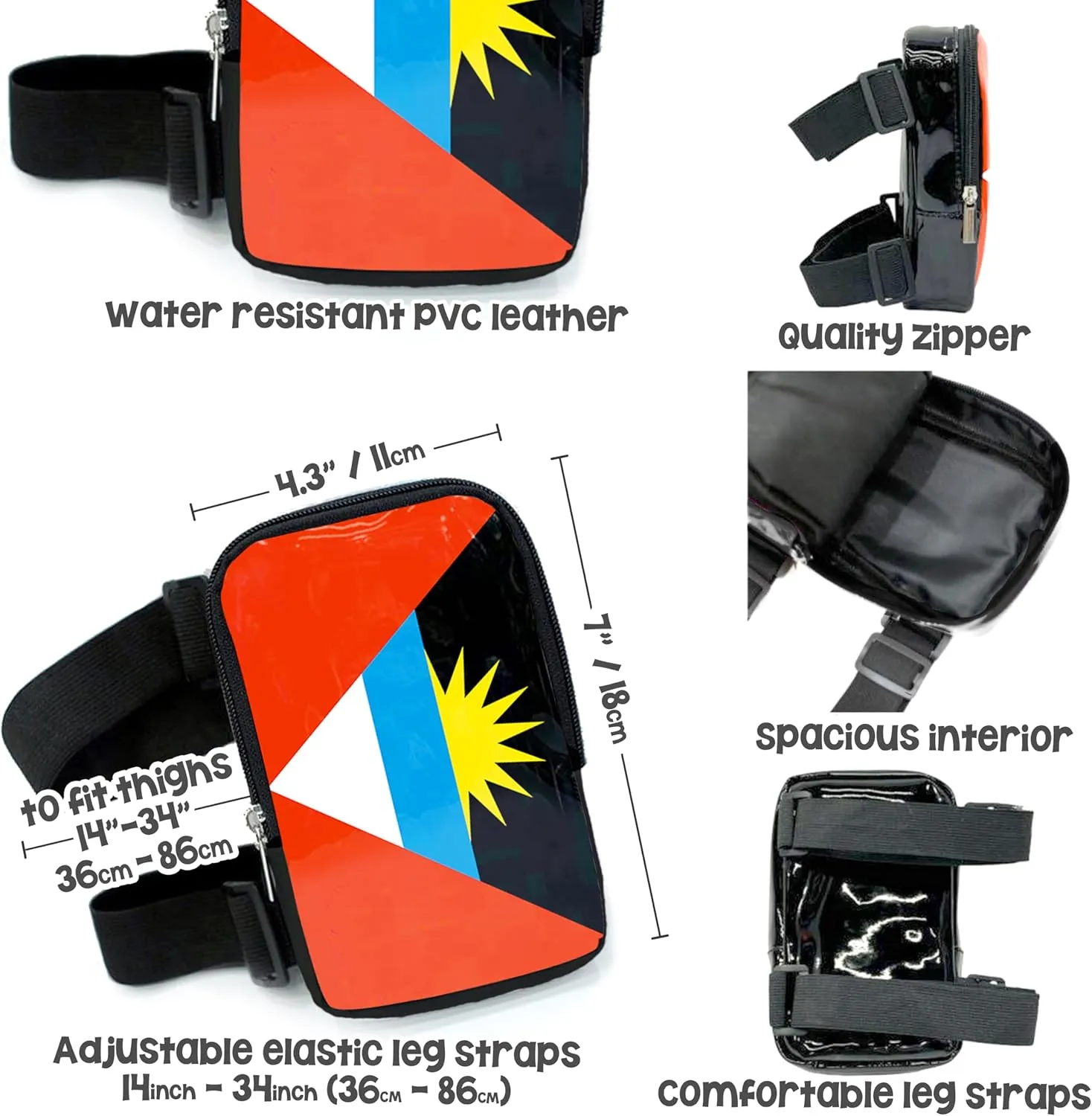 Antigua Flag Thigh Bag | Leg Harness for Women | Outdoor Waist Pouch | Carnival Hiking Travel Fanny Pack with Adjustable Straps | Antigua Barbuda