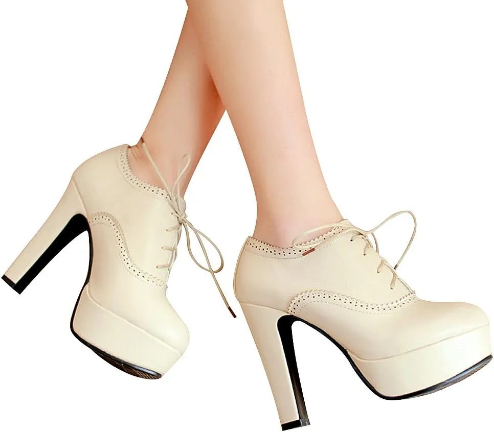 ANUFER Women Vintage High Platform Block Heel Court Shoes Elegant Brogue Oxfords Lace-Ups
