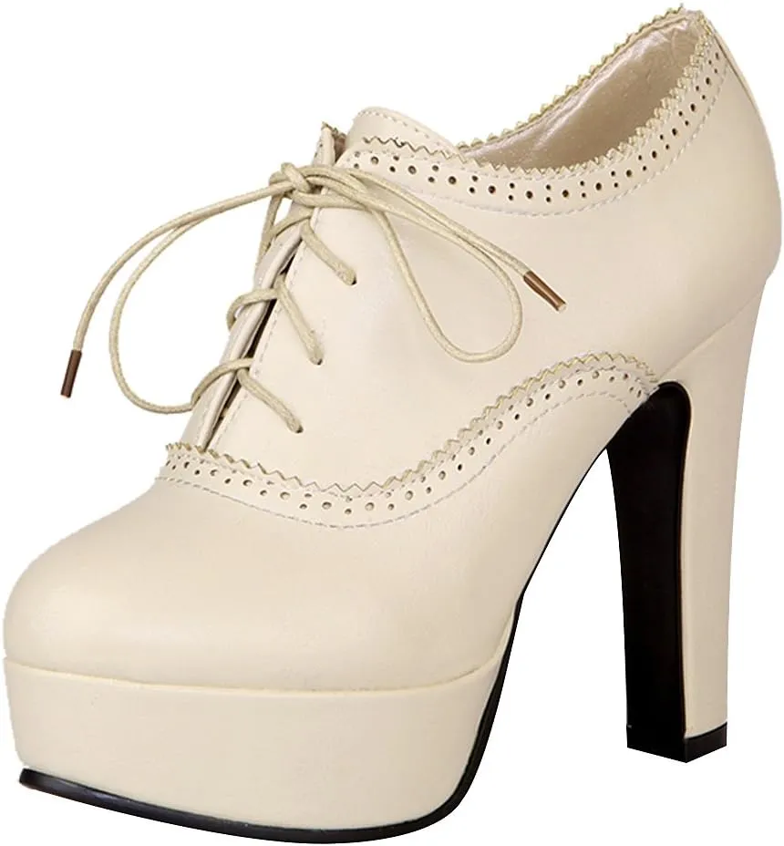 ANUFER Women Vintage High Platform Block Heel Court Shoes Elegant Brogue Oxfords Lace-Ups