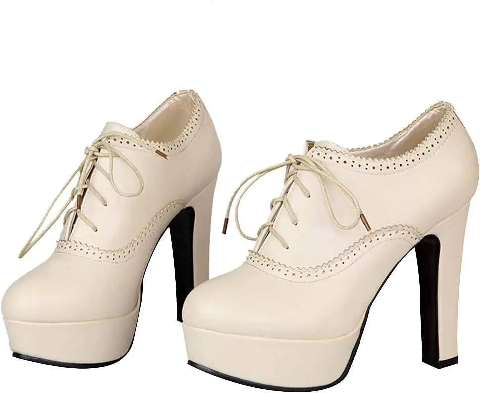 ANUFER Women Vintage High Platform Block Heel Court Shoes Elegant Brogue Oxfords Lace-Ups