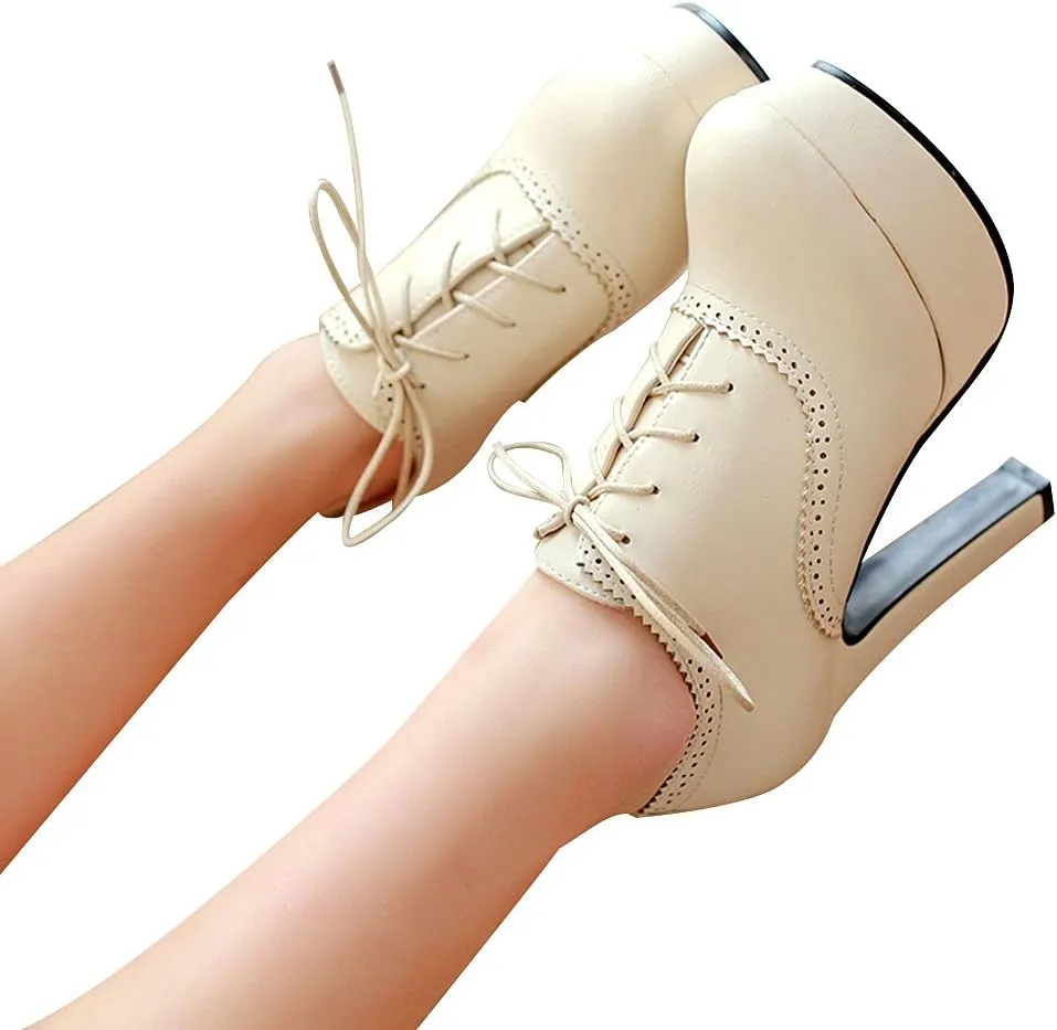 ANUFER Women Vintage High Platform Block Heel Court Shoes Elegant Brogue Oxfords Lace-Ups