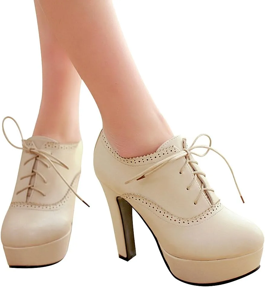 ANUFER Women Vintage High Platform Block Heel Court Shoes Elegant Brogue Oxfords Lace-Ups