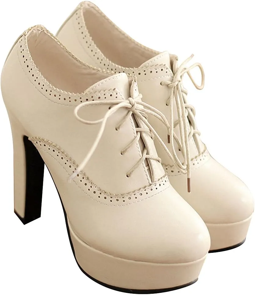 ANUFER Women Vintage High Platform Block Heel Court Shoes Elegant Brogue Oxfords Lace-Ups