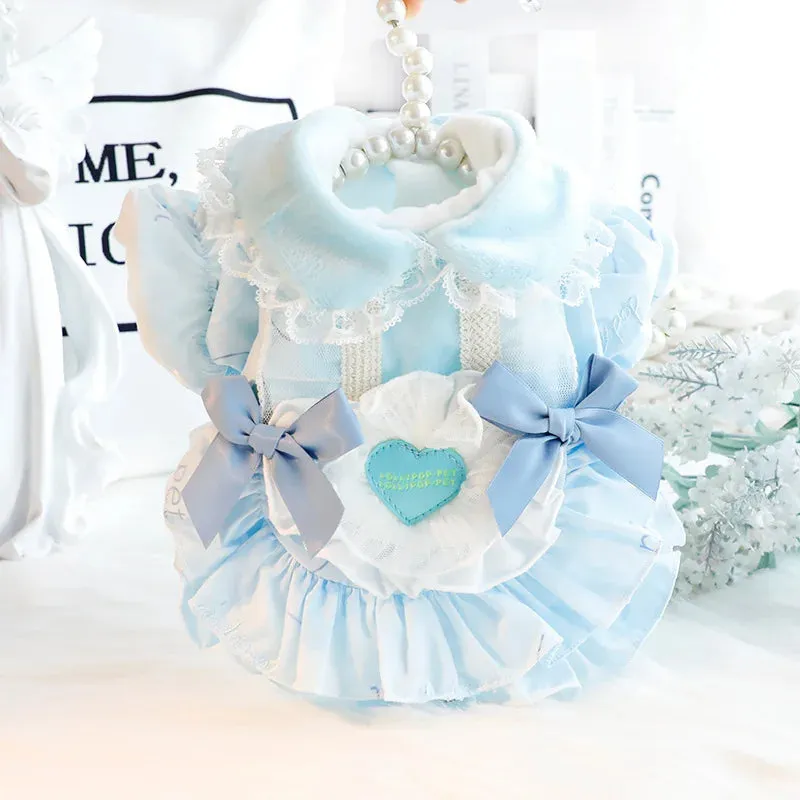 ANYWAGS Pet Clothes Blue Cotton Princess Dress with Tassels and Heart Shape Clothe for Fancy and Special Occasions