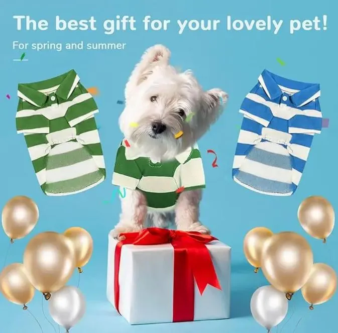 ANYWAGS Pet Clothes Stripe Green and White Breathable Summer Polo Shirt for Cosplay and Formal Occasions