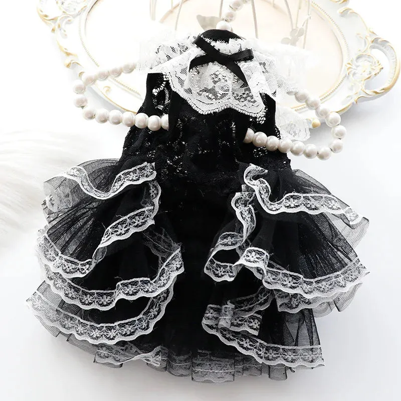 ANYWAGS Pet Clothes White and Black Princess Dress with Tassel Skirt for Cosplay and Special Occasions